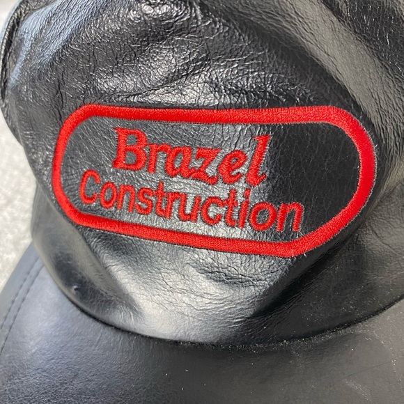 Vintage Black Leather Red Embroidered Brazel Construction Trucker Hat - Picture 2 of 11